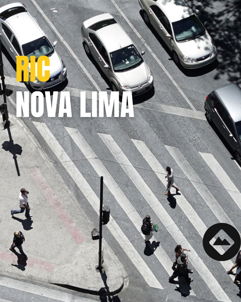 Vista aérea de faixa de pedestres e tráfego urbano, ilustrando o RIC em Nova Lima/MG.